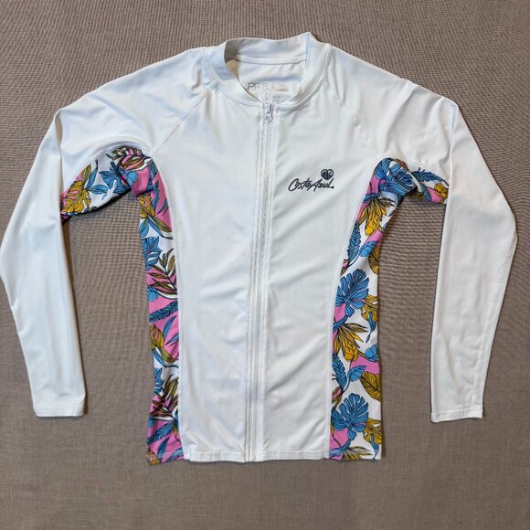 Costa Azul Juniors Rash Guard Small White Floral UPF 50 Long Sleeve Swim Shirt S - Picture 1 of 4